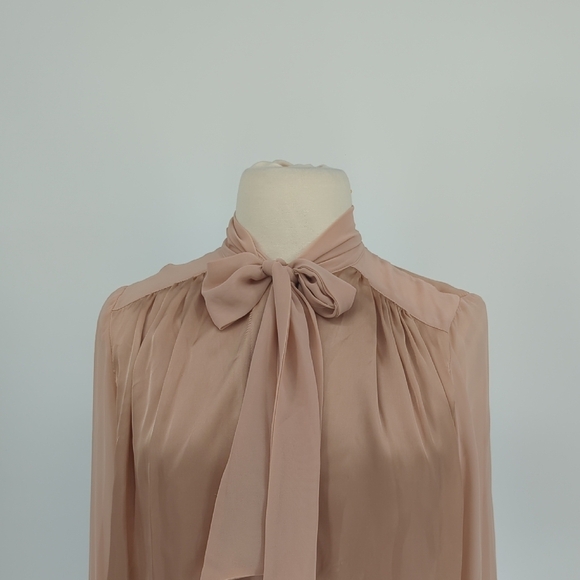 01444 Kenneth Cole Satin Chiffon Bow Top Blouse Pink Size XL preppy victorian - Picture 3 of 9